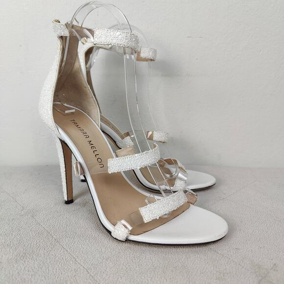 Tamara‎ Mellon White Glitter Frontline Heels Womens 37 7 White Sandals Shoes
